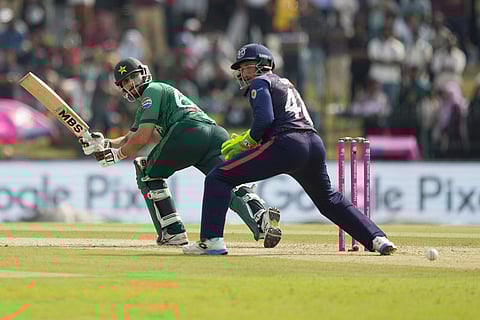 Pakistan's captain Salman Ali Agha plays a shot during the T20 World Cup cricket match between Namibia and Pakistan in Colombo, Sri Lanka.