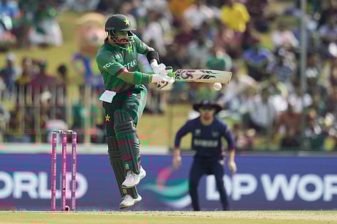 Pakistan's Sahibzada Farhan plays a shot during the T20 World Cup cricket match between Namibia and Pakistan in Colombo, Sri Lanka.