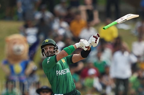 Pakistan's Sahibzada Farhan plays a shot during the T20 World Cup cricket match between Namibia and Pakistan in Colombo.
