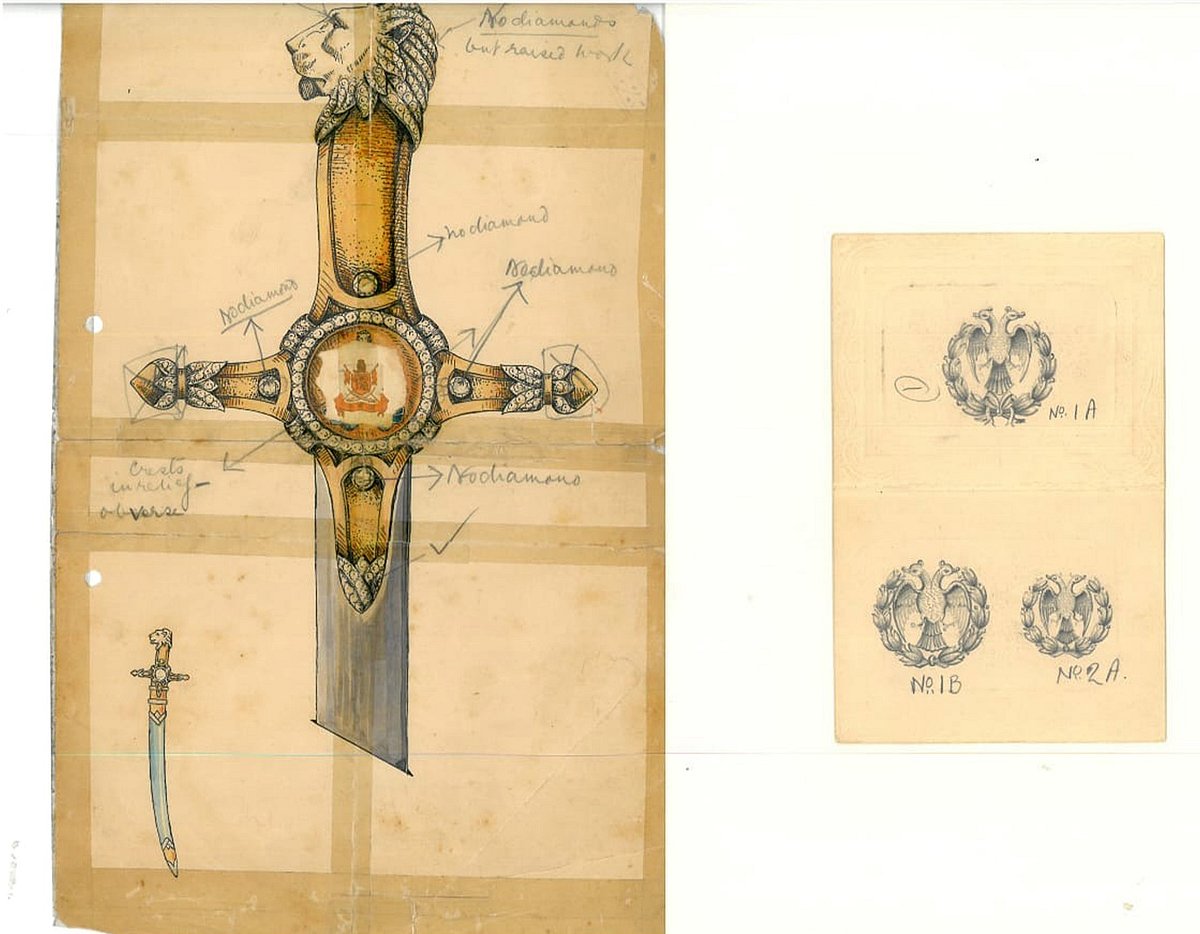 Illustration of an ornate ceremonial sword with detailed hilt design