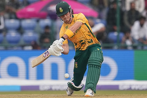 South Africa's Dewald Brevis plays a shot during the T20 World Cup cricket match between South Africa and United Arab Emirates in New Delhi, India.