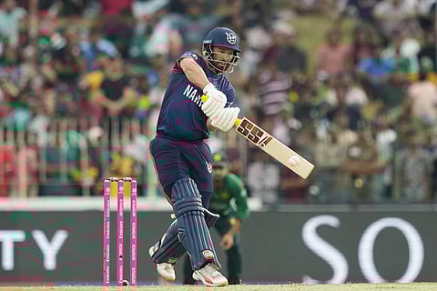 Namibia's Jan Frylinck plays a shot during the T20 World Cup cricket match between Namibia and Pakistan in Colombo, Sri Lanka.