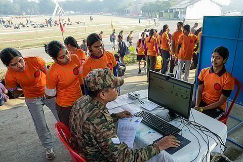 Aspirants undergo a verification procedure during a recruitment drive for Agniveer, in Lucknow/