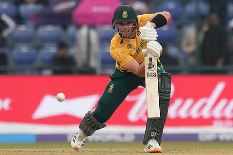 South Africa's Tristan Stubbs plays a shot during the T20 World Cup cricket match between South Africa and United Arab Emirates in New Delhi, India.