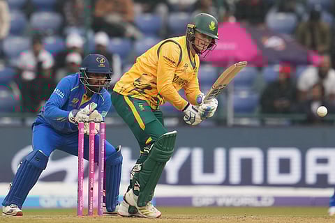 South Africa's Ryan Rickelton plays a shot during the T20 World Cup cricket match between South Africa and United Arab Emirates in New Delhi, India.