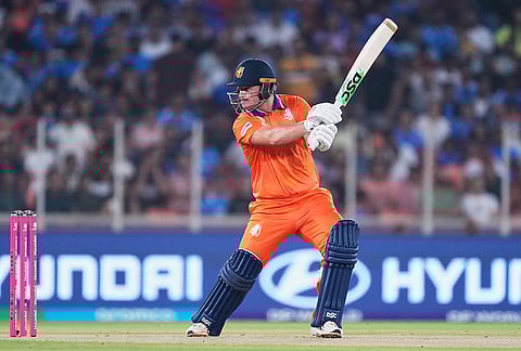 Netherlands' Michael Levitt plays a shot during the T20 World Cup cricket match between India and Netherlands in Ahmedabad.