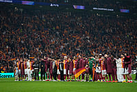 Galatasaray Vs Juventus, UEFA Champions League Playoff: Lions Tame Old Lady In RAMS Park Goal Fest | Photo: AP/Khalil Hamra : Galatasaray players celebrate after a Champions league play-off first leg soccer match between Galatasaray and Juventus, in Istanbul, Turkey.