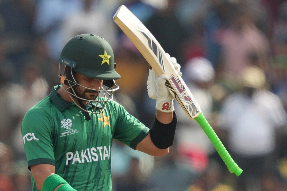 Pakistans Sahibzada Farhan celebrates his fifty runs