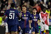 Monaco Vs PSG, UEFA Champions League Playoff: Desire Doue Inspires Holders To First Leg Win Against 10-Man Rivals | Photo: AP/Philippe Magoni : PSG players celebrate at the end of the first-leg of the Champions League playoff soccer match between Monaco and Paris Saint-Germain in Monaco.