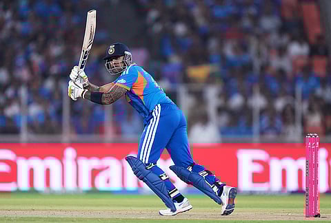 India's captain Suryakumar Yadav plays a shot during the T20 World Cup cricket match between India and Netherlands in Ahmedabad.