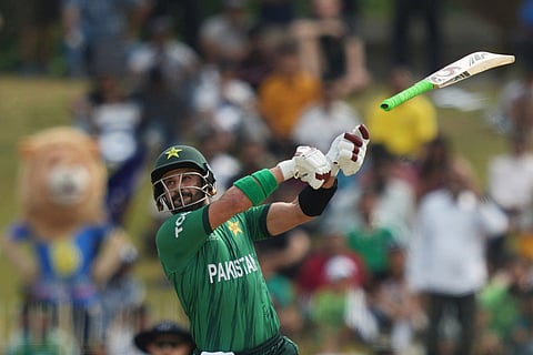 Pakistan's Sahibzada Farhan plays a shot during the T20 World Cup cricket match between Namibia and Pakistan in Colombo, Sri Lanka.