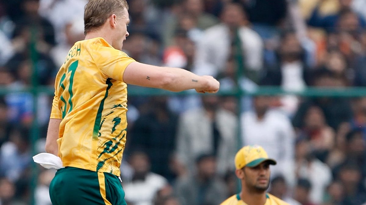 South Africa cricketer Corbin Bosch celebrating after taking a wicket against UAE in Group D clash of ICC T20 World Cup 2026 at the Arun Jaitley Stadium in Delhi.  - ProteasMenCSA/X