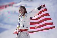| Photo: AP/Jacquelyn Martin : United States' Mikaela Shiffrin celebrates winning the gold medal in an alpine ski, women's slalom race, at the 2026 Winter Olympics, in Cortina d'Ampezzo, Italy.