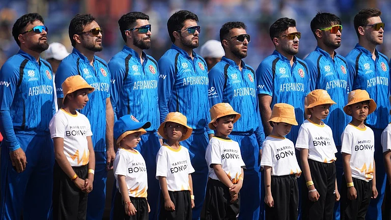 Afghanistan players line up for their national anthem before the start of the T20 World Cup match between Afghanistan and United Arab Emirates in New Delhi. - Photo: AP