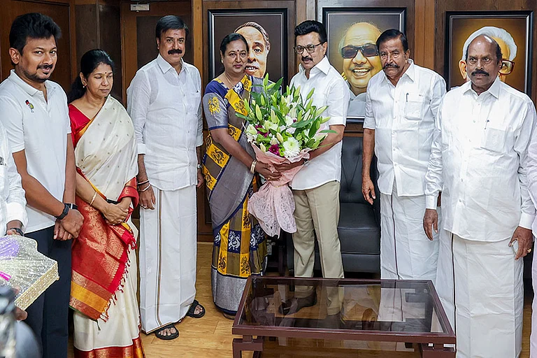 Tamil Nadu Chief Minister MK Stalin, state Deputy Chief Minister Udhayanidhi Stalin, DMK MP Kanimozhi Karunanidhi, DMDK General Secretary Premalatha Vijayakanth and others during a meeting, at DMK headquarters in Chennai. DMDK officially joined the DMK-led alliance ahead of the upcoming Tamil Nadu assembly elections. - | Photo: PTI