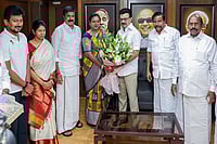 Day In Pics: February 19, 2026 | Photo: PTI : Tamil Nadu Chief Minister MK Stalin, state Deputy Chief Minister Udhayanidhi Stalin, DMK MP Kanimozhi Karunanidhi, DMDK General Secretary Premalatha Vijayakanth and others during a meeting, at DMK headquarters in Chennai. DMDK officially joined the DMK-led alliance ahead of the upcoming Tamil Nadu assembly elections.