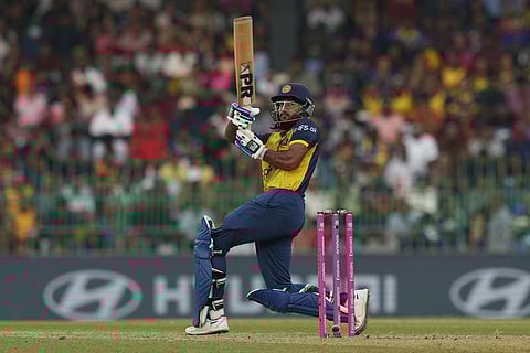 Sri Lanka's Pavan Rathnayake plays a shot during the T20 World Cup cricket match between Sri Lanka and Zimbabwe in Colombo, Sri Lanka.