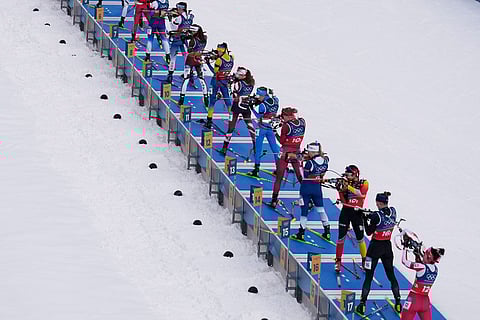 Athletes compete in the women's 4x6-kilometer relay biathlon race at the 2026 Winter Olympics in Anterselva, Italy.