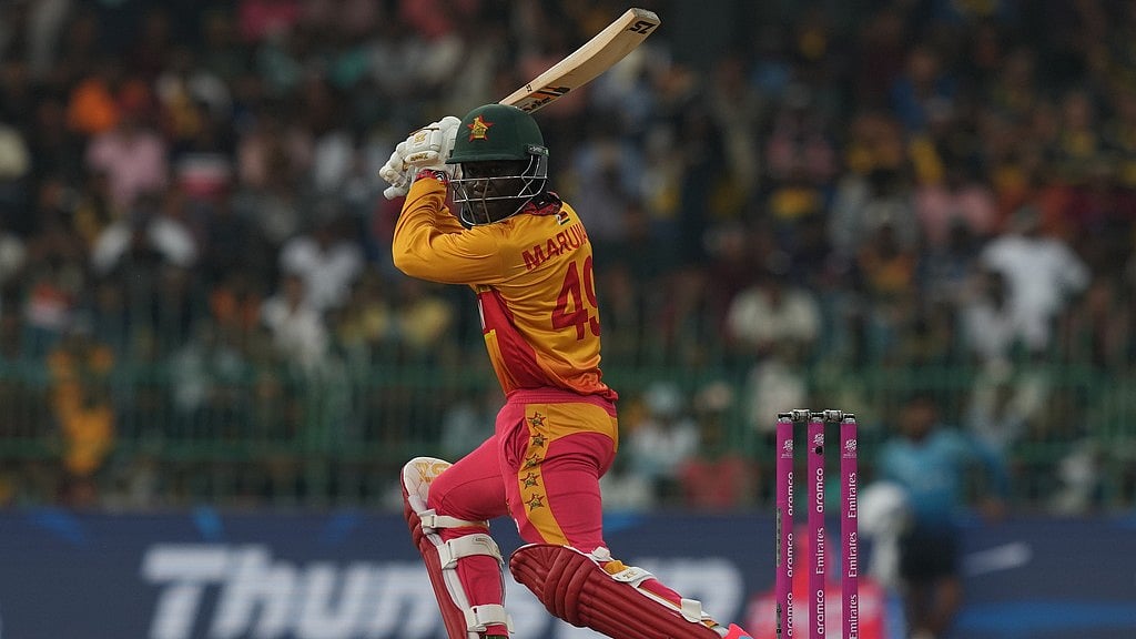 Zimbabwe's Tadiwanashe Marumani plays a shot during the T20 World Cup cricket match between Sri Lanka and Zimbabwe in Colombo, Sri Lanka, Thursday, Feb. 19, 2026. - AP Photo/Eranga Jayawardena