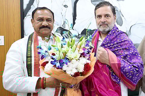 In this image received on Feb. 19, 2026, Leader of Opposition in the Lok Sabha Rahul Gandhi with Telangana Congress President B Mahesh Goud during the Telangana Congress leadership meeting, in New Delhi.