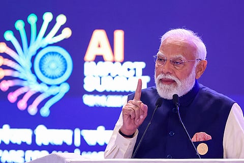 In this image received on Feb. 19, 2026, Prime Minister Narendra Modi addresses the gathering during the India AI Impact Summit 2026, in New Delhi.