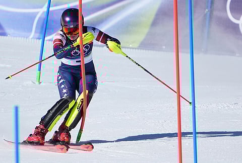 United States' Mikaela Shiffrin competes during an alpine ski, women's slalom race, at the 2026 Winter Olympics, in Cortina d'Ampezzo, Italy.