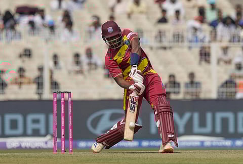 West Indies' Matthew Forde plays a shot during the T20 World Cup cricket match between West Indies and Italy in Kolkata.
