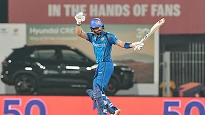 AP Photo/Mahesh Kumar A : Afghanistan's Ibrahim Zardan celebrates his fifty runs during the T20 World Cup cricket match between Afghanistan and Canada in Chennai, India, Thursday, Feb. 19, 2026.