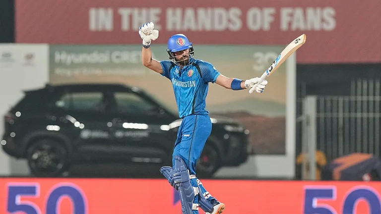 Afghanistan's Ibrahim Zardan celebrates his fifty runs during the T20 World Cup cricket match between Afghanistan and Canada in Chennai, India, Thursday, Feb. 19, 2026. - AP Photo/Mahesh Kumar A
