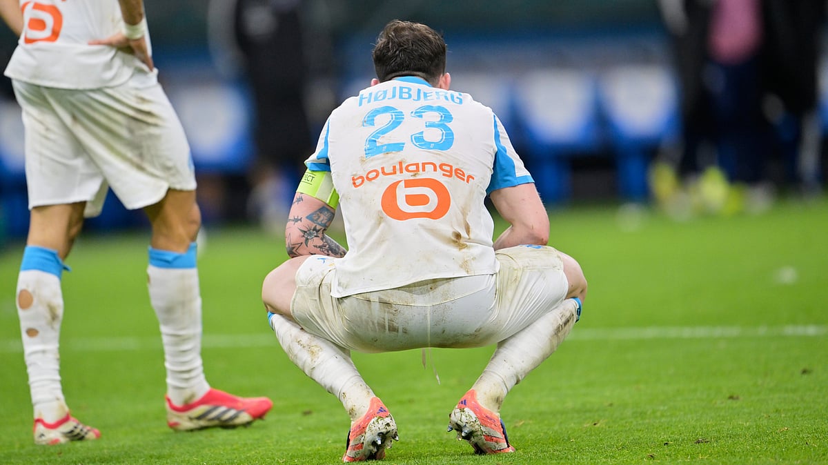 Marseille's Pierre-Emile Hojbjerg reacts at the end of the French League One soccer match between Marseille and Strasbourg in Marseille, France, Saturday, Feb. 14, 2026.  - | Photo: AP/Philippe Magoni