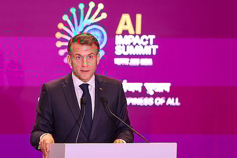 In this image received on Feb. 19, 2026, France President Emmanuel Macron addresses the gathering during the India AI Impact Summit 2026, in New Delhi.