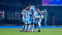 Mumbai City FC 1-0 Chennaiyin FC, Indian Super League: Islanders Edge Season Opener With Kotal Own Goal | Photo: AIFF : Mumbai City FC players celebrate Pritam Kotal's own goal during the Indian Super League match against Chennaiyin FC on February 20, 2026.