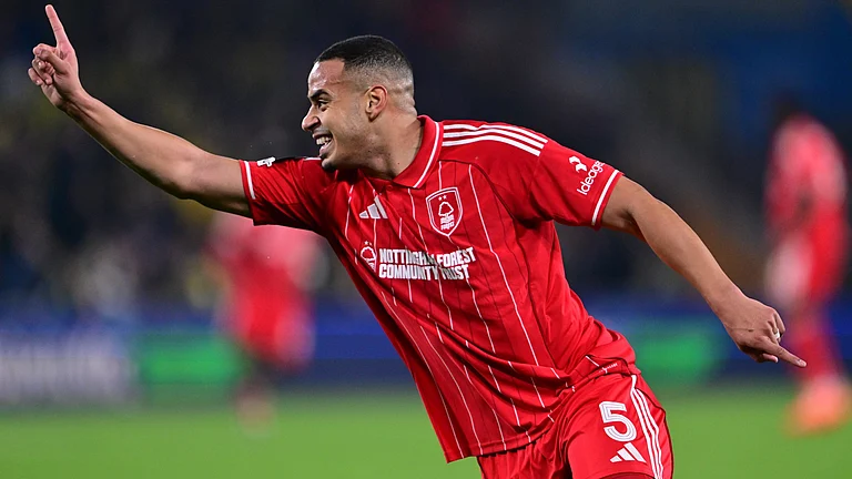Murillo celebrates his goal for Forest against Fenerbahce in the Europa League - null