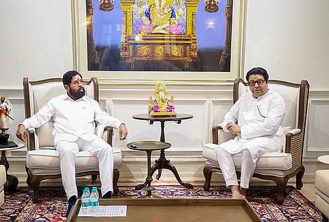 Maharashtra Deputy CM Eknath Shinde with Maharashtra Navnirman Sena President Raj Thackeray during a meeting. 
