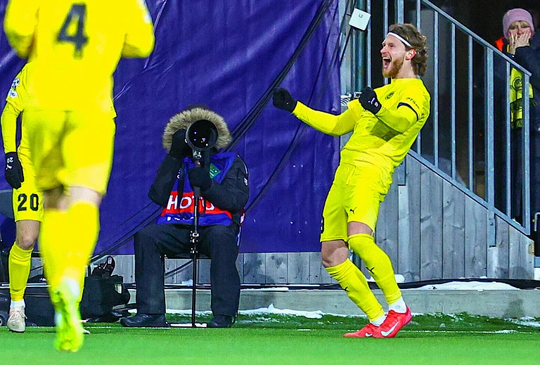Bodø/Glimt's Kasper Høgh celebrates after scoring against Inter Milan during a Champions League soccer match in Bodo, Norway. - | Photo: Mats Torbergsen/NTB Scanpix via AP