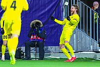 | Photo: Mats Torbergsen/NTB Scanpix via AP : Bodø/Glimt's Kasper Høgh celebrates after scoring against Inter Milan during a Champions League soccer match in Bodo, Norway. 