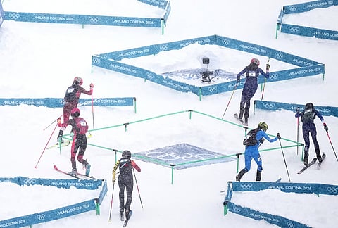 Skiers compete during a ski mountaineering women's sprint final, at the 2026 Winter Olympics, in Bormio, Italy.