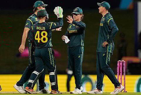 Australia's Adam Zampa, centre, celebrates with teammates the wicket of Oman's Hammad Mirza during the T20 World Cup cricket match between Australia and Oman in Pallekele, Sri Lanka.