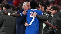 | Photo: AP/Pedro Rocha : Real Madrid's Vinicius Junior argues with Benfica's head coach José Mourinho after scoring the opening goal during a Champions League playoff soccer match between SL Benfica and Real Madrid in Lisbon, Portugal, Tuesday, Feb. 17, 2026. 
