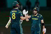 Australia Vs Oman, ICC T20 World Cup 2026: Mitchell Marsh And Adam Zampa Forge Commanding 9-Wicket Win | Photo: AP/Eranga Jayawardena : Australia's captain Mitchell Marsh and Australia's Adam Zampa celebrate after winning the T20 World Cup cricket match between Australia and Oman in Pallekele, Sri Lanka.