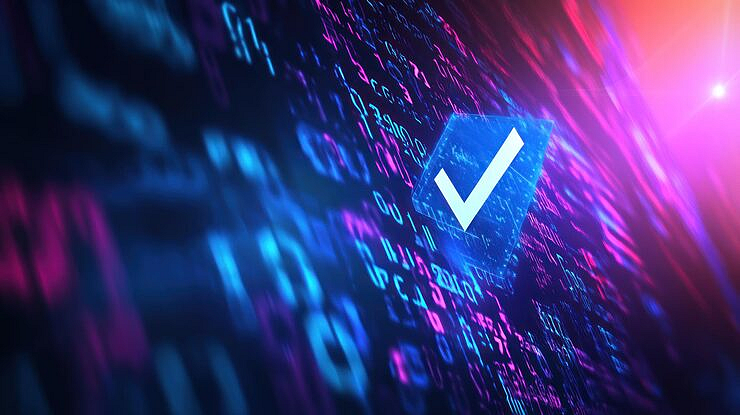 Blue checkmark icon over glowing digital code background