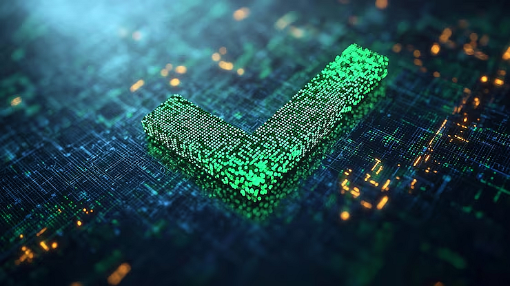 Glowing green checkmark on digital circuit board background
