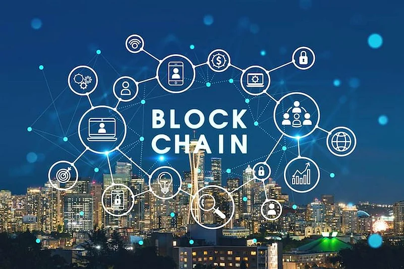 Blockchain network icons over illuminated city skyline at night