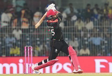 Canada's Jaskarandeep Buttar plays a shot during the T20 World Cup cricket match between Afghanistan and Canada in Chennai.