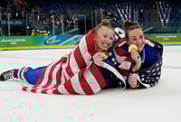 USA Vs Canada, Women's Ice Hockey Final: Keller’s Overtime Heroics Lead Americans To Olympic Gold | Photo: AP/Hassan Ammar : United States' Grace Zumwinkle, left, and Taylor Heise celebrate after victory ceremony for women's ice hockey at the 2026 Winter Olympics, in Milan, Italy.