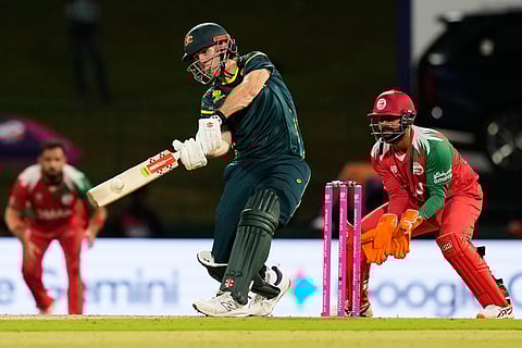 Australia's captain Mitchell Marsh hits a six during the T20 World Cup cricket match between Australia and Oman in Pallekele, Sri Lanka, Friday, Feb. 20, 2026.