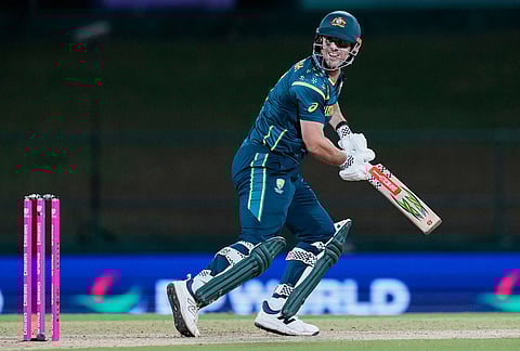 Australia's captain Mitchell Marsh plays a shot during the T20 World Cup cricket match between Australia and Oman in Pallekele, Sri Lanka.