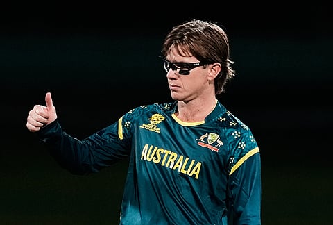 Australia's Adam Zampa celebrates the wicket of Oman during the T20 World Cup cricket match between Australia and Oman in Pallekele, Sri Lanka.