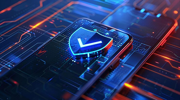 Blue checkmark icon over glowing digital code background