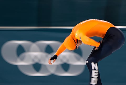 Joep Wennemars of the Netherlands crosses the finish line to take fourth place in the men's 1500 meters speedskating race at the 2026 Winter Olympics, in Milan, Italy.